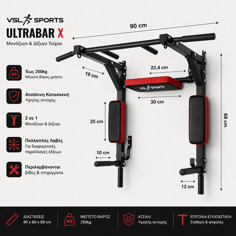 VSL Sports UltraBar X επιτοίχιο μονόζυγο και δίζυγο με διαστάσεις 90x60x68 cm και μέγιστο βάρος χρήστη 250kg