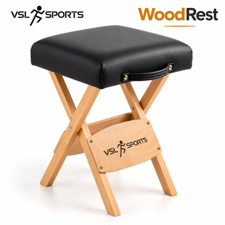 VSL Sports WoodRest πτυσσόμενο ξύλινο σκαμπό μασάζ με μαύρο μαλακό κάθισμα, φυσικό ξύλινο σκελετό και compact επαγγελματικό σχεδιασμό.