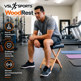 VSL Sports WoodRest πτυσσόμενο ξύλινο σκαμπό σε επαγγελματικό γυμναστήριο με άνετο κάθισμα, σταθερό ξύλινο σκελετό και πρακτικό σχεδιασμό για καθημερινή χρήση.