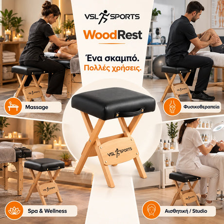 VSL Sports WoodRest πτυσσόμενο ξύλινο σκαμπό για massage, φυσικοθεραπεία, spa, wellness και αισθητική με μαλακό μαύρο κάθισμα και φορητό σχεδιασμό.
