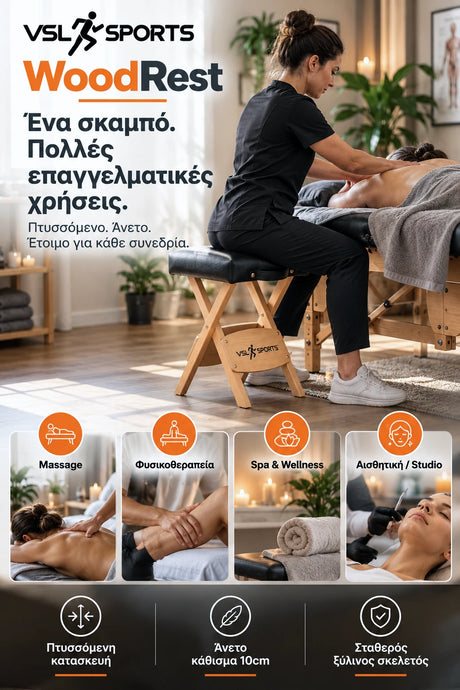 VSL Sports WoodRest πτυσσόμενο ξύλινο σκαμπό για massage, φυσικοθεραπεία, spa, wellness και αισθητική, με μαλακό κάθισμα 10cm και σταθερό ξύλινο σκελετό.