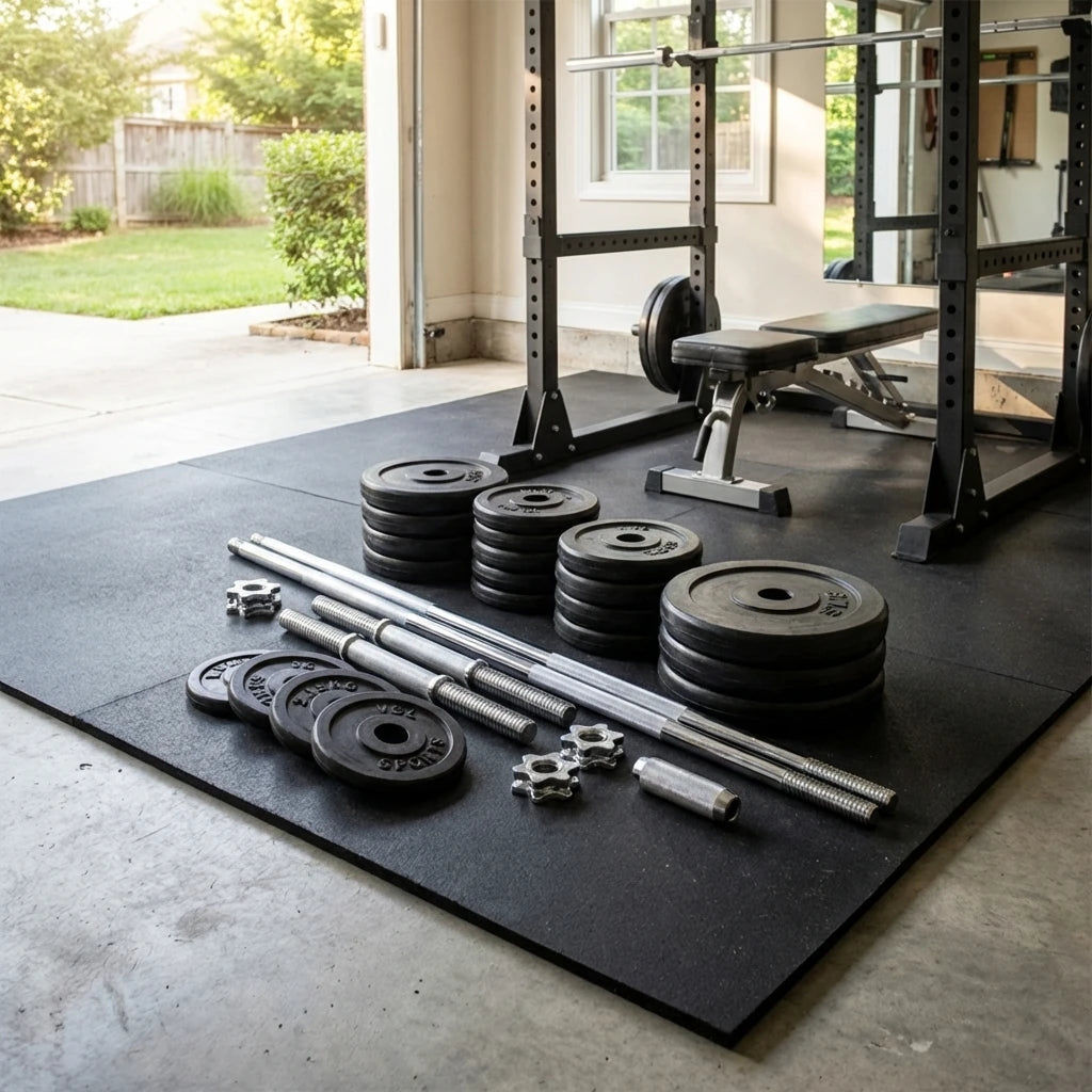 Σετ αλτήρων και μπάρας 50kg VSL Sports TitanSet 50 σε σύγχρονο home gym για προπόνηση δύναμης