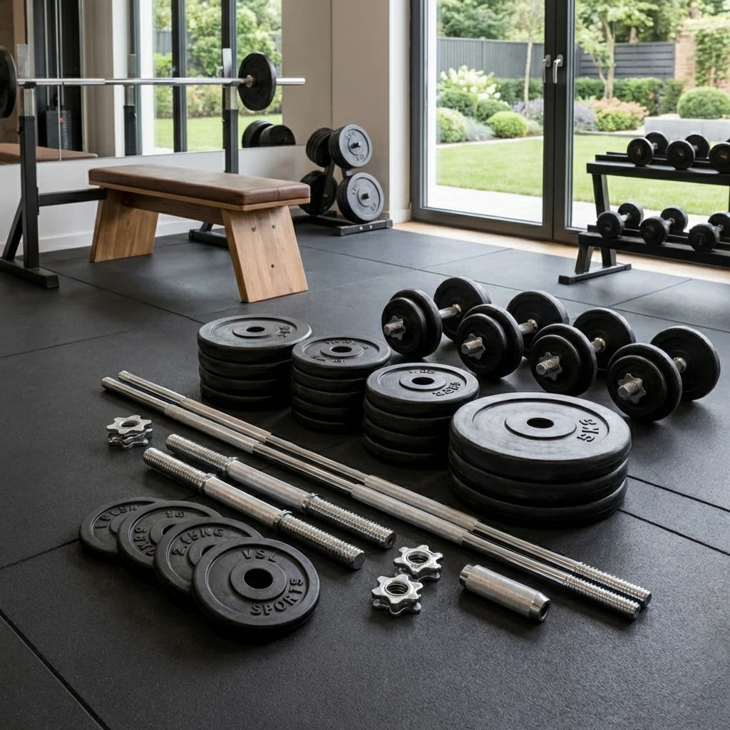 Ρυθμιζόμενο σετ βαρών 50kg με μπάρα 152cm VSL Sports TitanSet 50 σε χώρο προπόνησης στο σπίτι