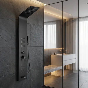 Στήλη ντους - υδρομασάζ τοίχου 150cm με τηλέφωνο ντους και βρυσάκι σε μαύρο ματ χρώμα