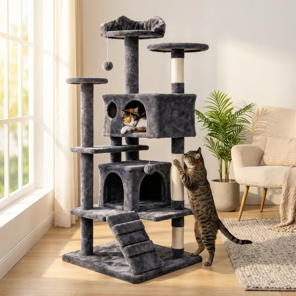 Wallex Cat Tree 137cm με γάτα που χρησιμοποιεί ονυχοδρόμιο σιζάλ για ξύσιμο