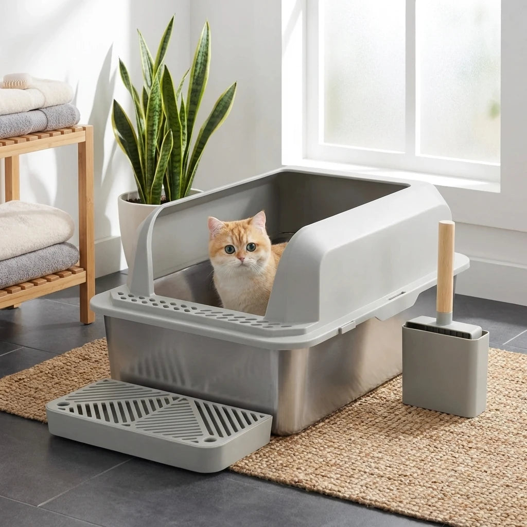 Wallex CatCare XXL Inox τουαλέτα γάτας για καθαρό σπίτι χωρίς οσμές και διασπορά άμμου