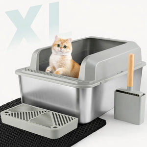 Wallex CatCare XXL Inox - Stainless Steel Litter Box for Large Cats 60×40×30.5cm + Mat