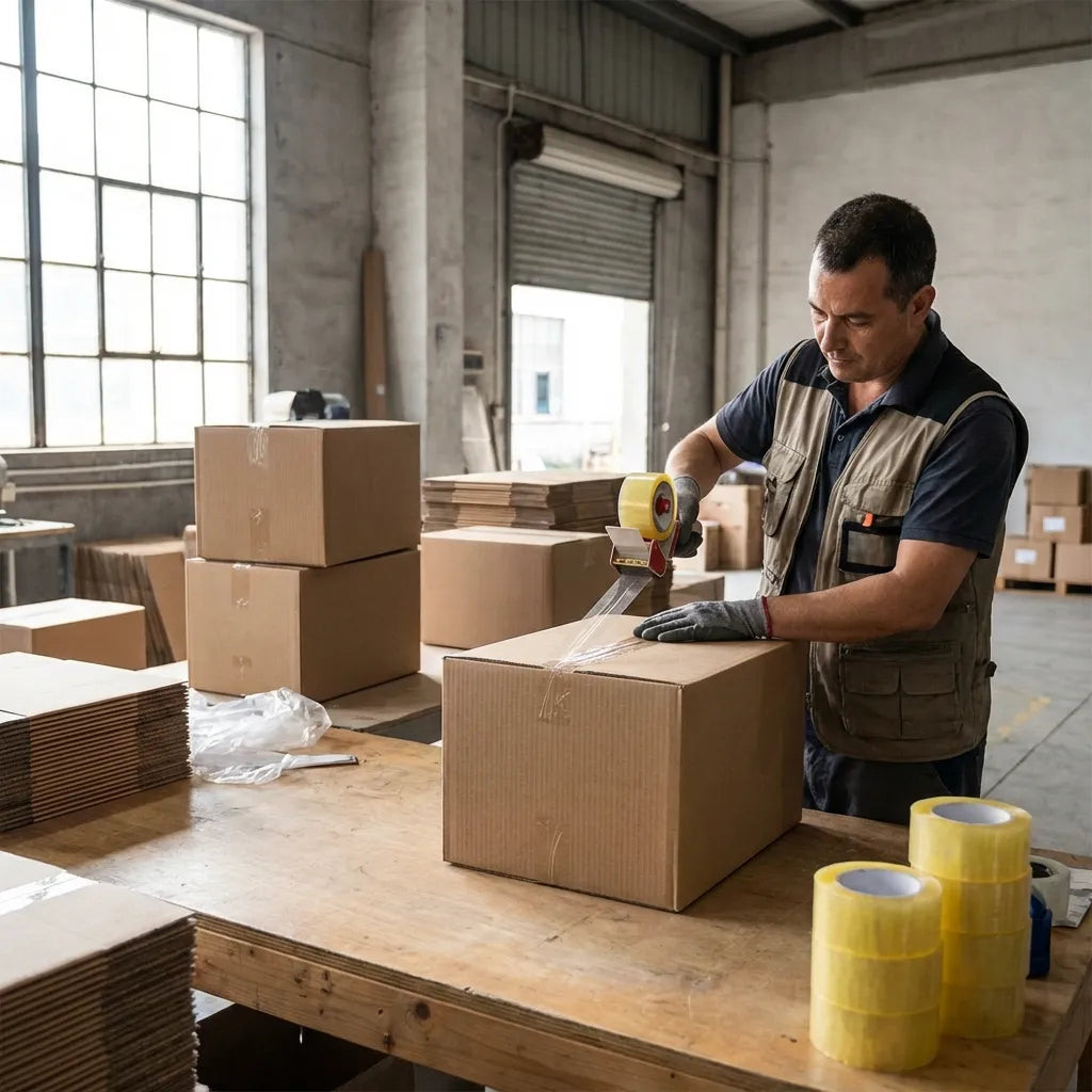 Διάφανη ταινία συσκευασίας σε σταθμό συσκευασίας με χαρτοκιβώτια