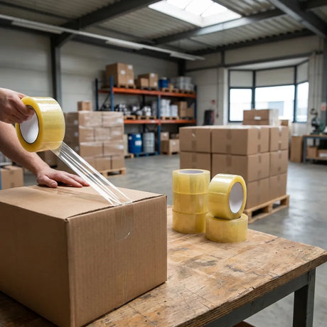 Διάφανη ταινία συσκευασίας σφραγίζει χαρτοκιβώτιο με ισχυρή κόλλα