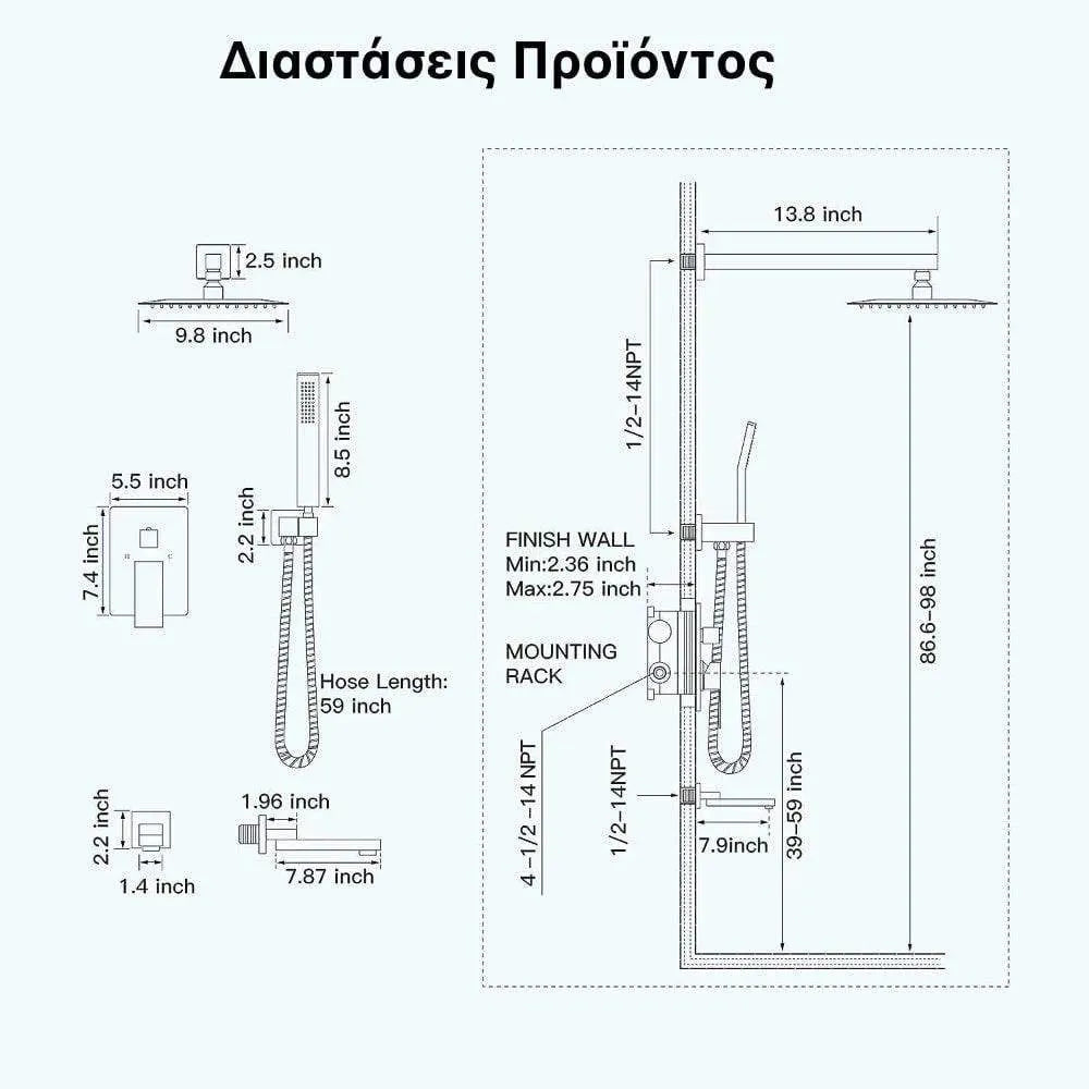 Wallex - Εντοιχιζόμενο σετ στήλης ντους 3 εξόδων με Τηλέφωνο ντους, Τετράγωνη Κεφαλή Ντουζ 25cm και ρουξούνι βρυσάκι - Ασημί - WL140623SL - wox.gr