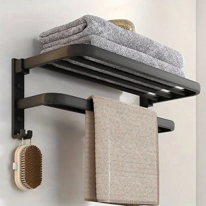 Wallex TowelRack 60 - Foldable Wall-Mounted Towel Rack 60cm with Shelf & 2 Rods | Black