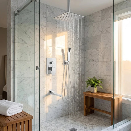 Wallex HydroFlow 3X® Inox εντοιχιζόμενο σετ ντους 3 εξόδων σε μοντέρνο μπάνιο