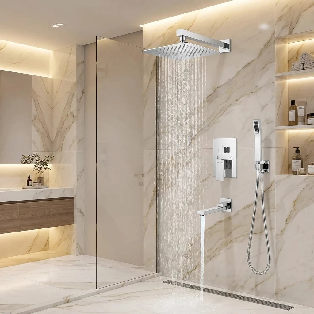 Wallex HydroFlow 3X® Inox εντοιχιζόμενο σετ ντους ιδανικό για ανακαίνιση μπάνιου