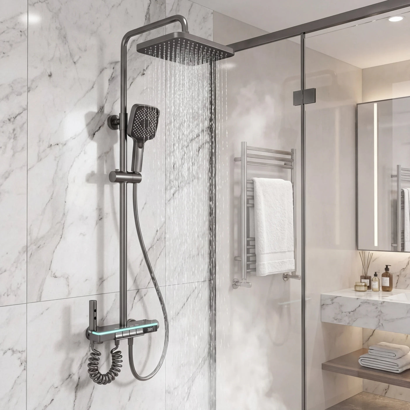 Wallex HydroTech® θερμοστατική στήλη ντους σε μπάνιο με επένδυση μαρμάρου