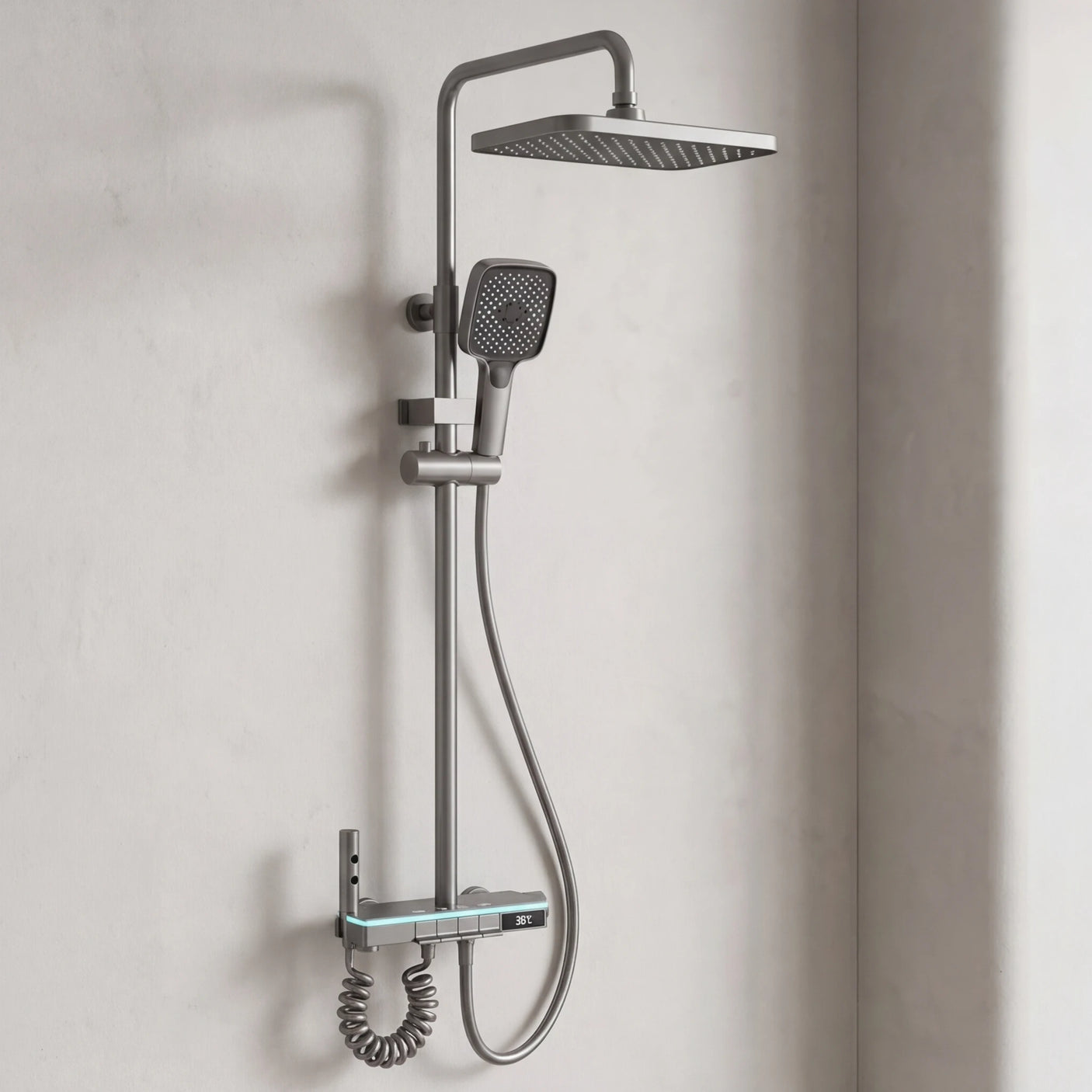 Wallex HydroTech® στήλη ντους με LED ένδειξη θερμοκρασίας σε minimal μπάνιο υψηλής αισθητικής