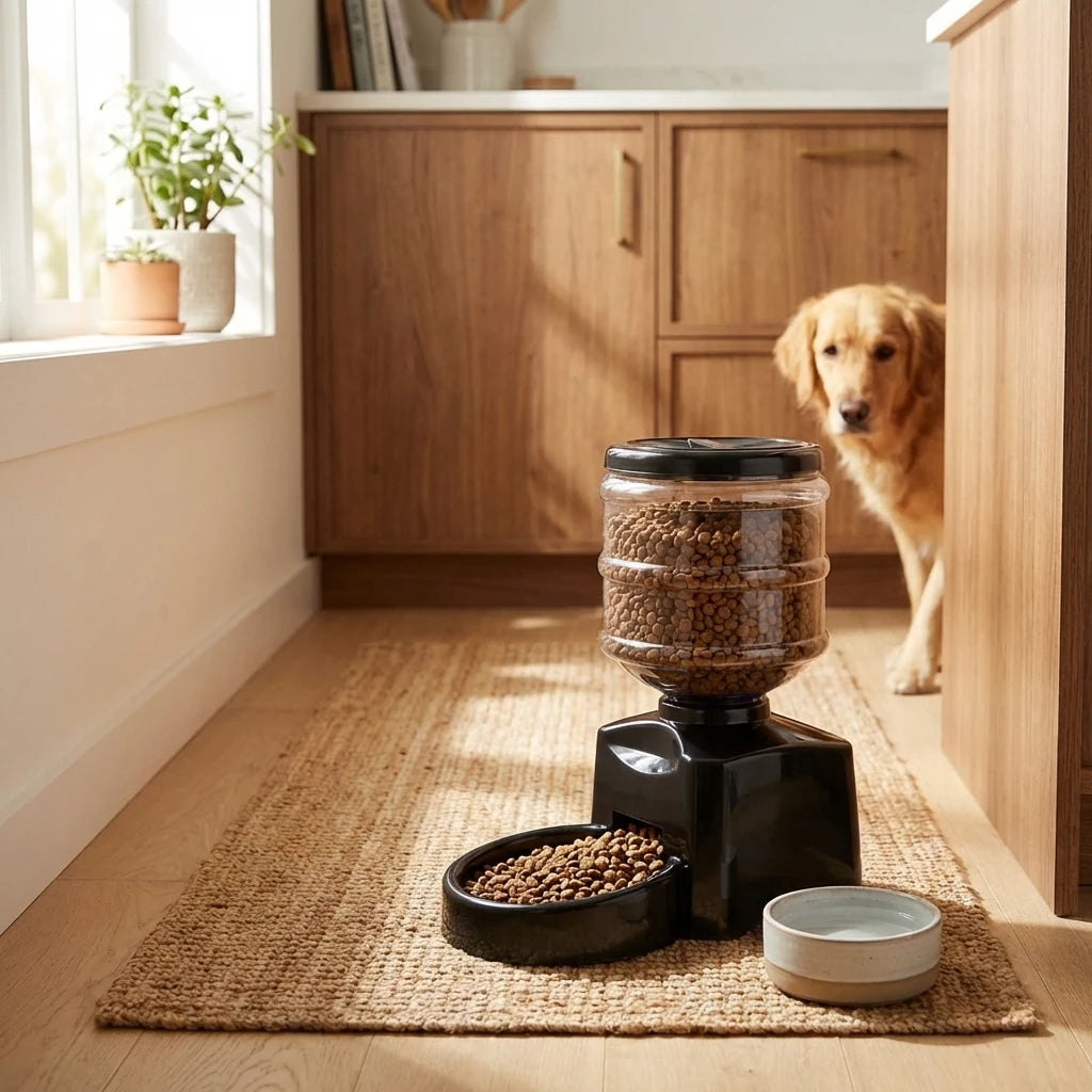 Wallex PetFeeder αυτόματο σύστημα ταΐσματος σε χώρο σπιτιού με σκύλο