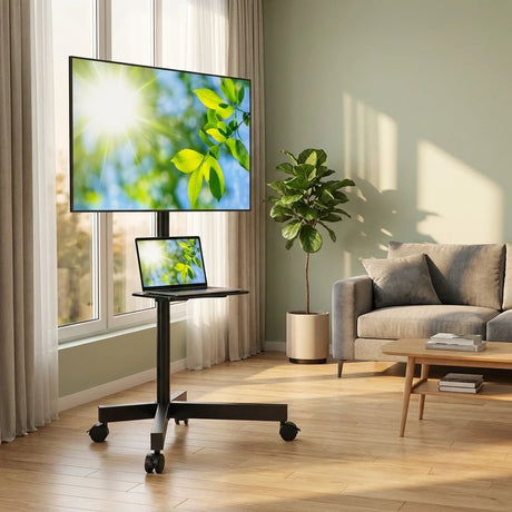 Wallex ProStand 60 βάση τηλεόρασης με ράφι για laptop σε μοντέρνο σαλόνι