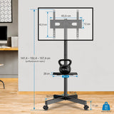 Διαστάσεις της Wallex ProStand® 60 μεταλλικής επιδαπέδιας βάσης τηλεόρασης με ράφι και ροδάκια σε εκατοστά, με ρυθμιζόμενο ύψος και μέγιστο φορτίο 22kg.