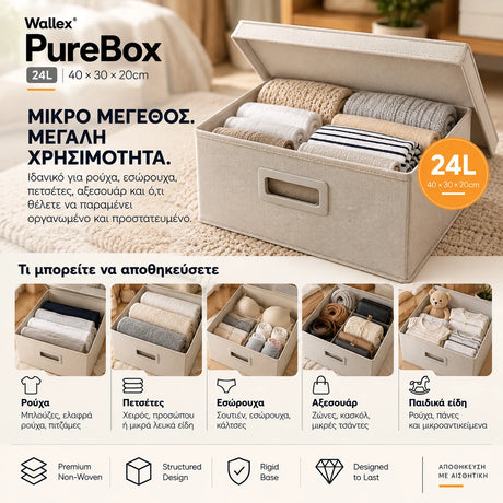 Wallex PureBox 24L Off White ανοιχτό σε lifestyle παρουσίαση με ρούχα, πετσέτες, εσώρουχα, αξεσουάρ και παιδικά είδη, δείχνοντας πρακτικά τη χωρητικότητα και την οργάνωση του εσωτερικού χώρου.