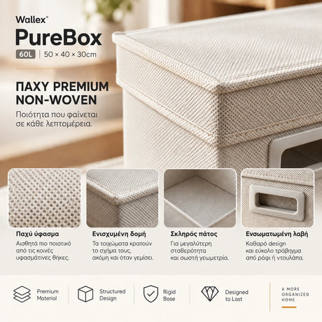 Wallex PureBox 60L Off White σε κοντινή παρουσίαση του παχιού premium non-woven υφάσματος, της ενισχυμένης δομής, του σκληρού πάτου και της ενσωματωμένης λαβής.