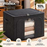 Wallex StorMax 101L μαύρη premium θήκη αποθήκευσης με γκρι micro-grid μοτίβο, διάφανο μπροστινό παράθυρο, διπλή πρόσβαση και ενισχυμένο μεταλλικό σκελετό.