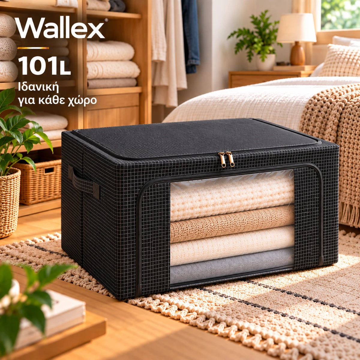 Wallex StorMax 101L μαύρη θήκη αποθήκευσης με γκρι micro-grid μοτίβο σε premium lifestyle παρουσίαση μέσα σε οργανωμένη ντουλάπα και υπνοδωμάτιο, δείχνοντας πρακτική αποθήκευση ρούχων και λευκών ειδών με εύκολη μπροστινή πρόσβαση.