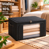 Wallex StorMax 101L μαύρη θήκη αποθήκευσης με γκρι micro-grid μοτίβο σε premium lifestyle παρουσίαση μέσα σε οργανωμένη ντουλάπα και υπνοδωμάτιο, δείχνοντας πρακτική αποθήκευση ρούχων και λευκών ειδών με εύκολη μπροστινή πρόσβαση.