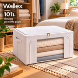 Wallex StorMax 101L λευκή θήκη αποθήκευσης σε premium lifestyle παρουσίαση μέσα σε οργανωμένη ντουλάπα και υπνοδωμάτιο, δείχνοντας πρακτική αποθήκευση ρούχων και λευκών ειδών με εύκολη μπροστινή πρόσβαση.