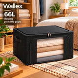 Wallex StorMax 66L μαύρη θήκη αποθήκευσης με γκρι micro-grid μοτίβο σε premium lifestyle παρουσίαση μέσα σε οργανωμένη ντουλάπα και υπνοδωμάτιο, δείχνοντας πρακτική αποθήκευση ρούχων και λευκών ειδών.