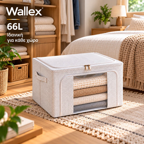 Wallex StorMax 66L λευκή θήκη αποθήκευσης σε premium lifestyle παρουσίαση μέσα σε οργανωμένη ντουλάπα και χώρο υπνοδωματίου, δείχνοντας πρακτική αποθήκευση ρούχων και λευκών ειδών με εύκολη μπροστινή πρόσβαση.