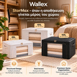 Wallex StorMax σειρά αποθήκευσης με 66L λευκό, 101L λευκό και 101L μαύρο σε premium home περιβάλλον, με έμφαση στη δομημένη σχεδίαση, τη διπλή πρόσβαση και την κομψή οργάνωση του σπιτιού.