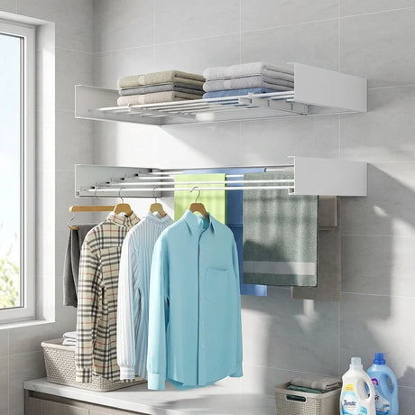 απλώστρα τοίχου Wallex TowelDry 100 με ρούχα και πετσέτες σε χώρο