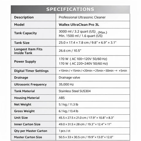 Wallex UltraClean Pro 3L - Πίνακας τεχνικών χαρακτηριστικών