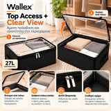 Wallex ViewBox 27L μαύρο κουτί αποθήκευσης σε διπλή παρουσίαση λειτουργίας, κλειστό με διάφανο επάνω καπάκι και ανοιχτό για άμεση πρόσβαση στο περιεχόμενο από πάνω.