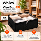 Wallex ViewBox 49L μαύρο premium κουτί αποθήκευσης σε lifestyle παρουσίαση με μεγαλύτερη χωρητικότητα, διάφανο επάνω καπάκι, δομημένη κατασκευή και χώρο για περισσότερα ρούχα και λευκά είδη.
