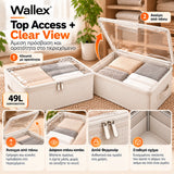 Wallex ViewBox 49L λευκό κουτί αποθήκευσης σε διπλή παρουσίαση λειτουργίας, κλειστό με διάφανο επάνω καπάκι και ανοιχτό για άμεση πρόσβαση στο περιεχόμενο από πάνω.